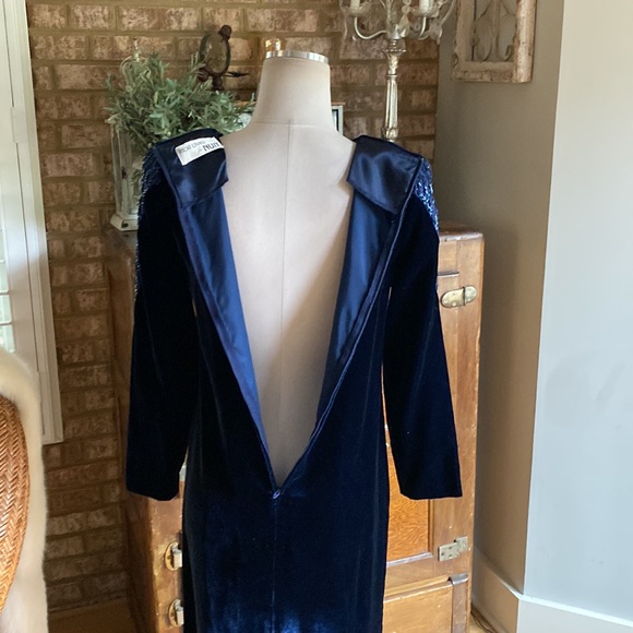RICKI LANG FOR NUIT VINTAGE DEEP BLUE SEQUIN VELVET DRESS 4 EXCELLENT - Picture 6 of 9